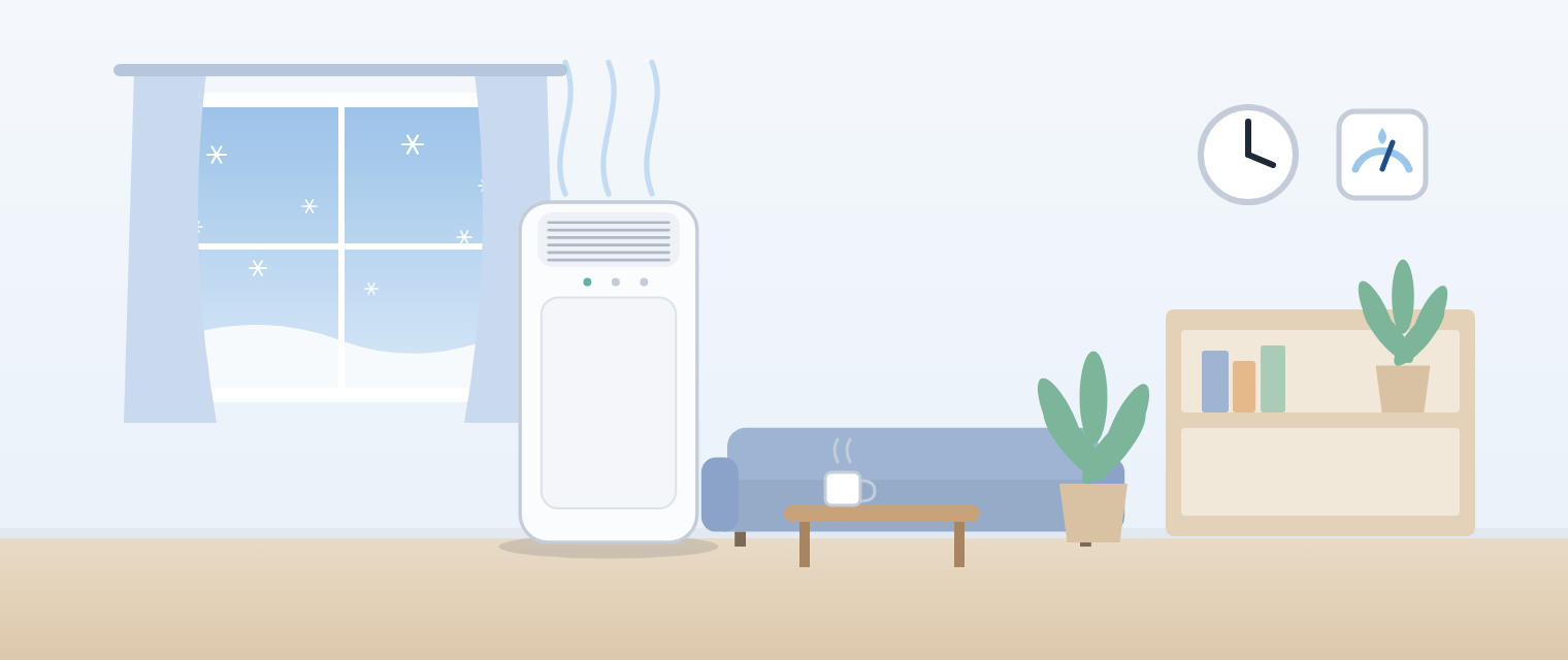雪の降る窓のある冬の部屋に置いた空気清浄機の絵