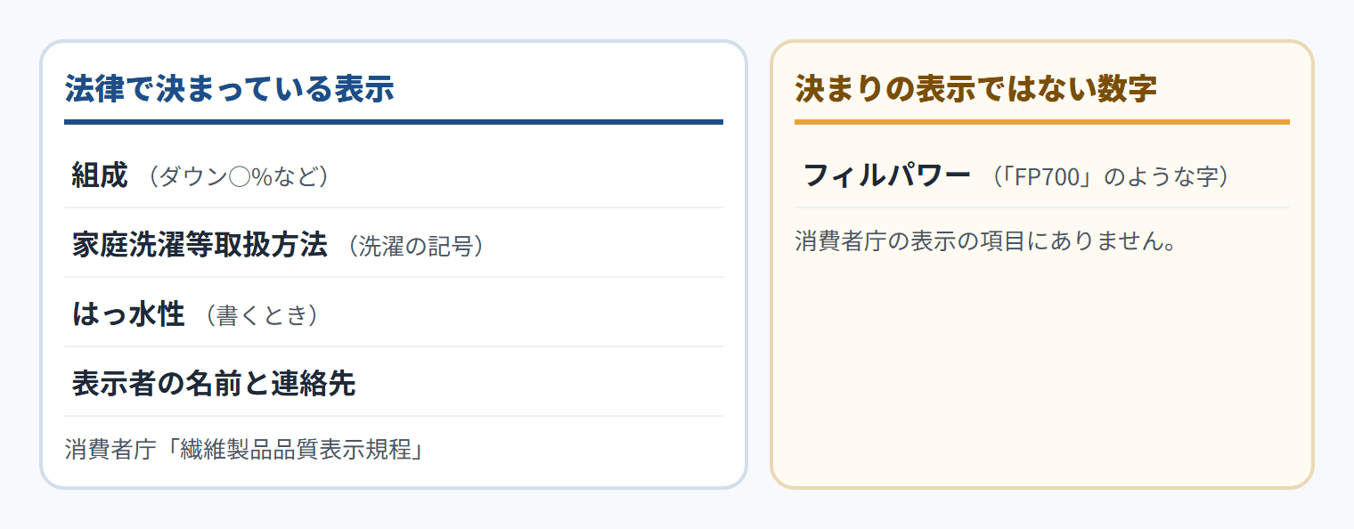 法律で決まっている表示：組成（ダウン〇%など）・家庭洗濯等取扱方法（洗濯の記号）・はっ水性（書くとき）・表示者の名前と連絡先（消費者庁「繊維製品品質表示規程」）。決まりの表示ではない数字：フィルパワー（「FP700」のような字）。消費者庁の表示の項目にありません。